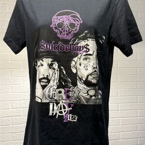 Black Graphic Tee with Purple Accents